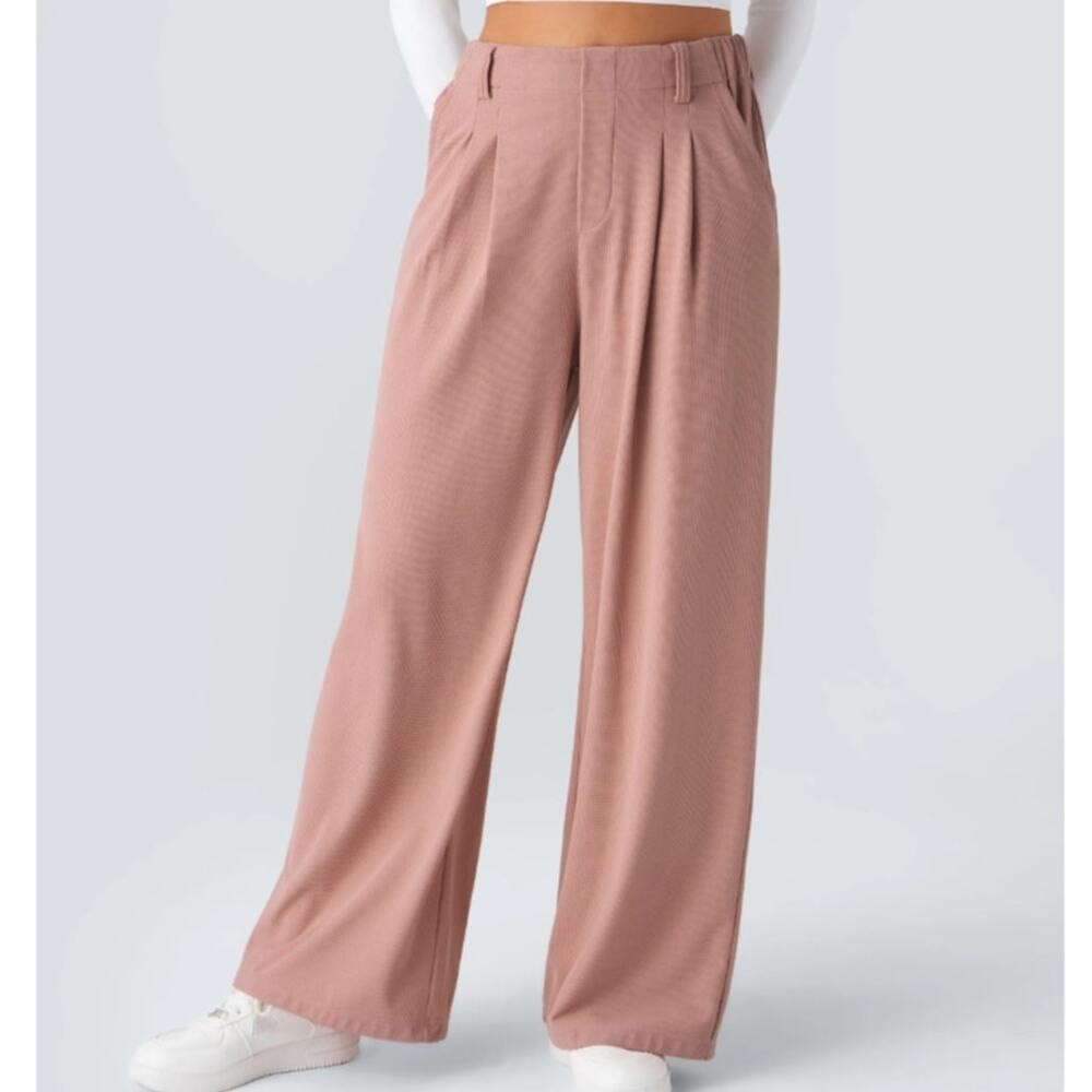 Halara Flex High waisted pocket wide leg waffle work pants pleated muave pink